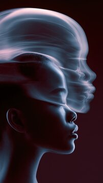 Surreal double-exposure portrait of a person with a glowing ethereal face emerging from their head against a dark background, symbolizing imagination and mind e