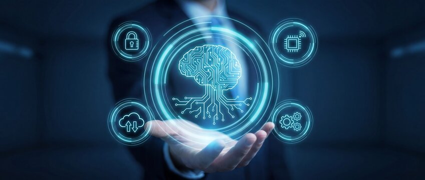 Business person holding a glowing digital brain interface hologram