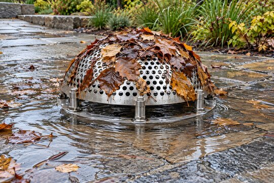Leaf blocked dome storm drain causing rainwater pooling in landscaped area
