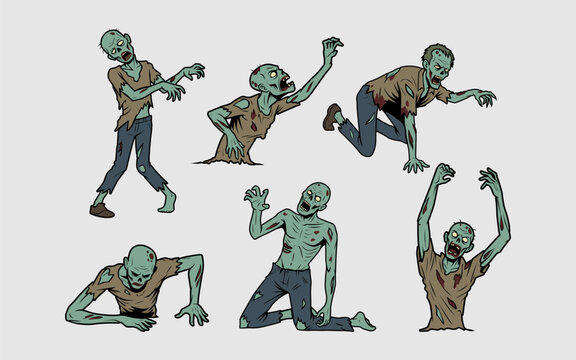 Vector set of spooky zombie cartoon characters in various crawling and walking poses isolated on light background.