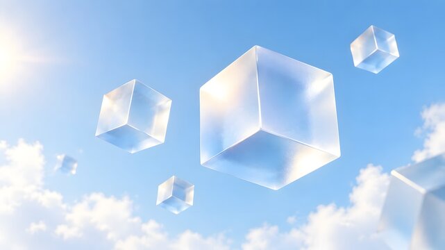 Transparent cubes floating in a bright blue sky with soft clouds and sunlight