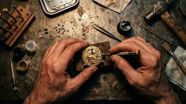 A candid top-down flat lay photograph of handsusing a manual hand screwdriver to fix a broken analog watch mechanism on aheavy industrial metal workshop table. Warm moody tungsten light from a de...