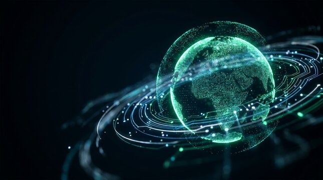 Glowing digital earth globe with cyber circuit rings network