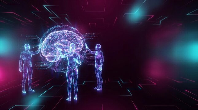 Virtual human avatars touching futuristic glowing brain interface