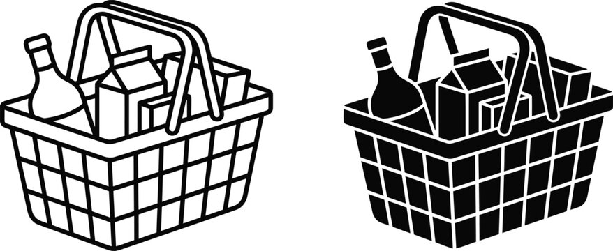 Shopping basket icon set with groceries and food items Vector