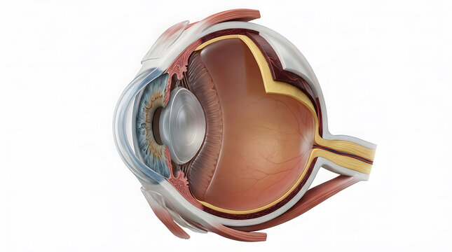 Anatomical cross section model of the human eye showing internal structure on white background