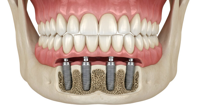 Dental implant procedure showing four titanium posts in human jaw bone with white teeth