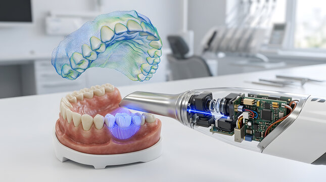Digital dental scanner creating a 3D model of a jaw model in a modern clinic with copy space