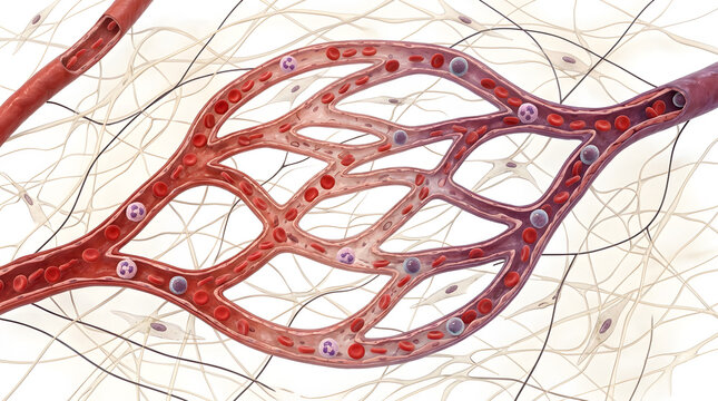 Microscopic view of human blood vessels with red blood cells and white blood cells in circulation