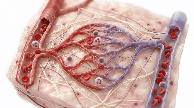 Microscopic view of human blood vessels with red and white blood cells in biological tissue