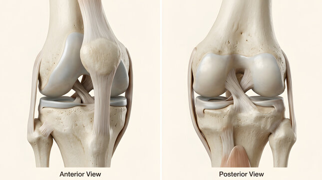 Anterior and posterior view of human knee joint anatomy isolated on a plain white background