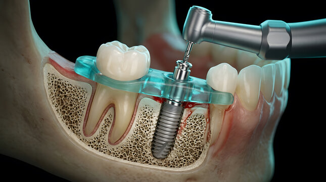 Dental implant procedure illustration showing titanium screw in jawbone with surgical tool