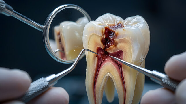 Dental professional treating exposed tooth nerve during root canal procedure in clinic