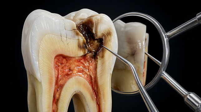 Dental root canal procedure showing exposed tooth nerve with surgical tools