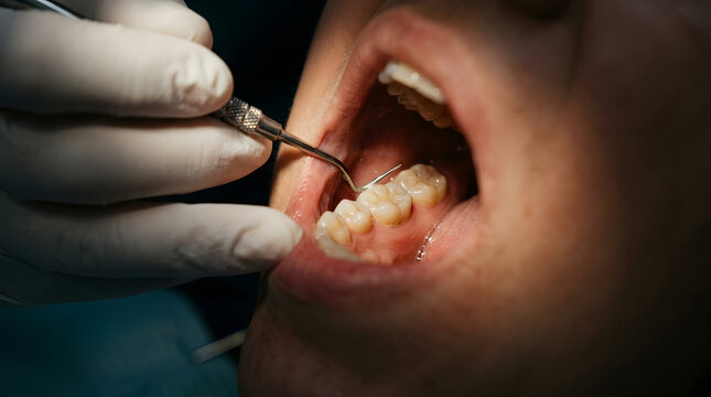 Dentist examining patient teeth during professional dental checkup with copy space
