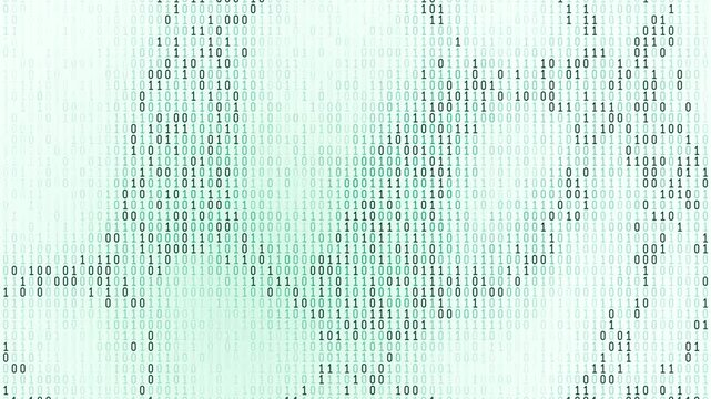 Wall of binary code ones and zeros flickering in waves in white and teal, seamless loop animated background