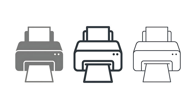 Three printer icons with paper isolated on transparent background for office document printing