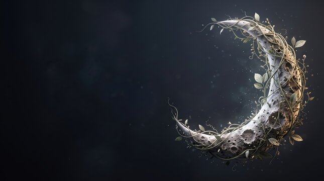 A crescent moon intricately adorned with botanical vines and scattered glowing particles, set against a dark, mystical night sky.