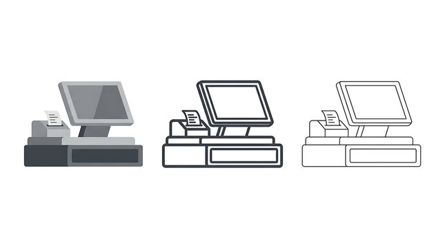 Three point of sale terminal icons isolated on transparent background for retail