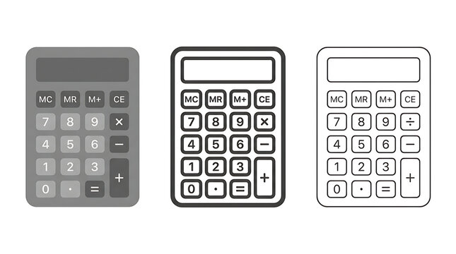 Three calculator icons isolated on transparent background in flat and line style