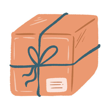 Craft paper parcel gift box tied with blue string and tag illustration isolated on white background