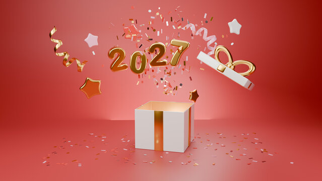 3D render of golden 2027 New Year numbers with gift box and confetti on red background, celebration concept