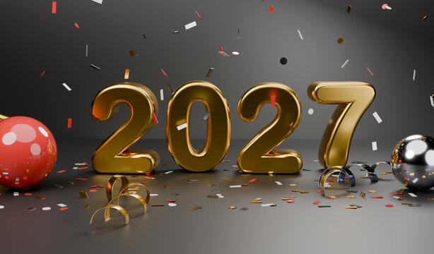 3D render of golden 2027 New Year numbers with balloons and confetti on dark background, celebration concept
