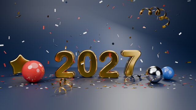 3D render of golden 2027 New Year numbers with stars and confetti on dark blue background, celebration concept