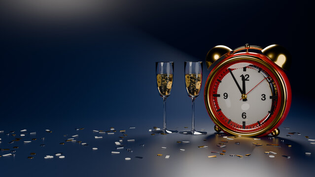 3D render of alarm clock showing midnight with champagne glasses and confetti on dark background, New Year concept