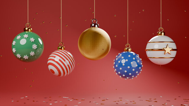3D render of colorful Christmas ornament balls hanging on strings on red background, holiday decoration concept