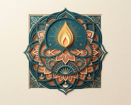 Square ornate mandala background with glowing diya lamp, traditional Indian festival wallpaper and banner design with atmosphere, environment, mystery, ecology, moody, mindfulness, wellness, copy spac