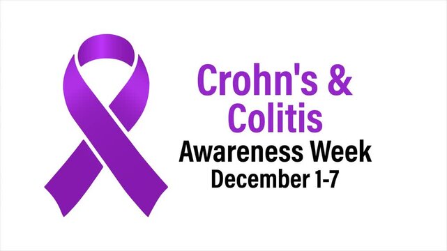 Purple awareness ribbon animation with Crohn&rsquo;s and colitis text for inflammatory bowel disease awareness week, healthcare campaigns, medical education, and December advocacy projects.
