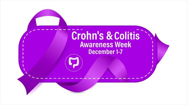 Crohn&rsquo;s and colitis awareness week Animated purple ribbon and rounded banner. ideal for medical presentations, social media campaigns, patient support, and health advocacy.