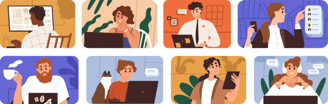 People work online at computers, laptops, PC set. Office and remote workers during communication through internet. E-business concept. Flat graphic vector illustrations isolated on white background.