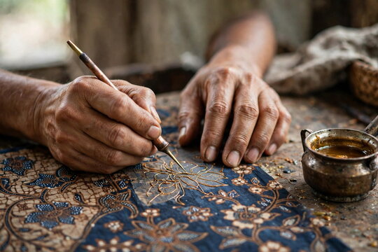 Artisan Hands Drawing Batik Wax Pattern with Canting Tool