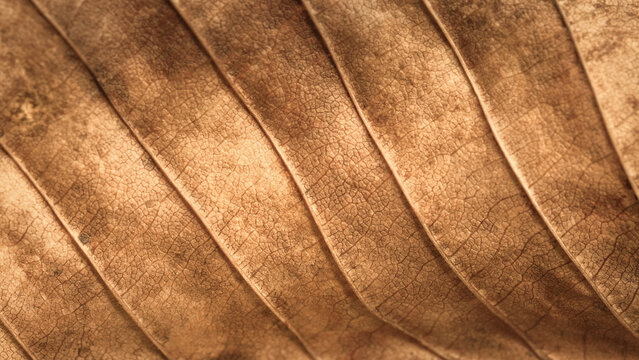 Macro texture of dry autumn leaf with detailed veins background.