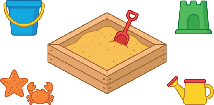 Wooden Sandbox and Beach Toy Icon Set with Plastic Bucket Shovel Sandcastle Watering Can Starfish and Crab Molds for Playground and Kindergarten Designs