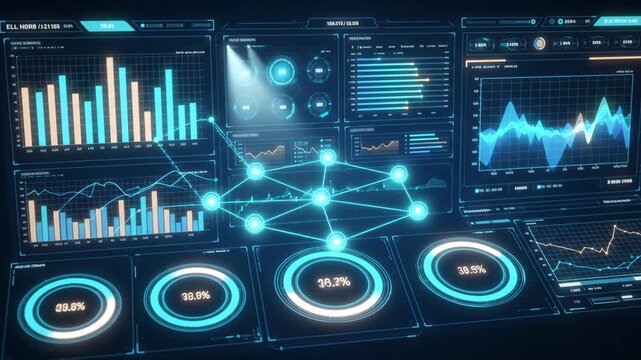 Digital dashboard interface showing glowing charts graphs hud elements network nodes metrics analytics finance statistics corporate business technology system monitor display future screen graphic.