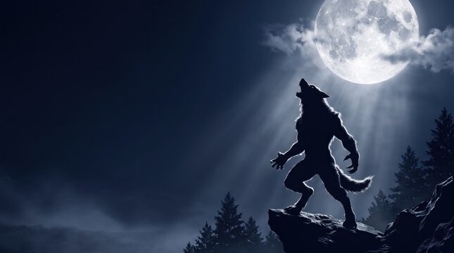 Mythical creature silhouette howling at full moon, dramatic light, misty pine trees on cliff.