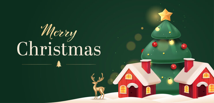 Christmas Tree with Snowy Red Cottages and Golden Star on Green Background Editable Vector Illustration. Holiday Banner