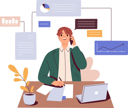 Manager speaking to client during business phone call. Work, communication with customer by cellphone. Sales agent talk on smartphone. Flat graphic vector illustration isolated on white background.