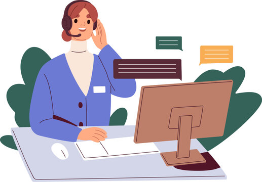 Call center operator works at computer. Woman in headset at customer help and support service. Online assistant, consultant in head set. Flat graphic vector illustration isolated on white background.