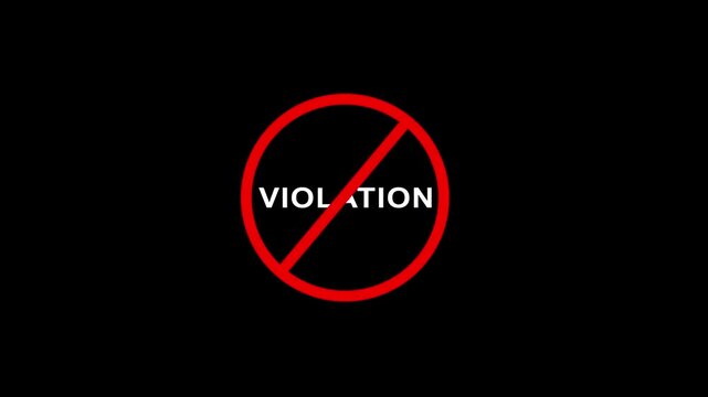 Violation content warning text animation red sign warning concept. Violation not Allowed text Red Sign animation on black background.