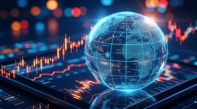 Digital globe with financial charts and glowing lights representing global finance technology and data analysis for business insights.