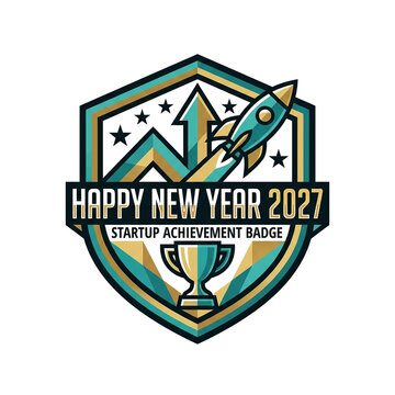Happy new year 2027 startup achievement badge with rocket, trophy, and stars.