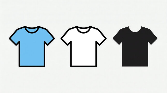 Set of three minimalist t-shirt icons in blue, white, and black flat vector design for apparel retail and e-commerce