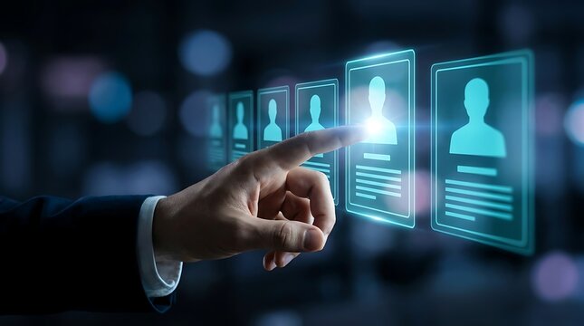 Business executive selecting employee from digital personnel profiles using interactive touch screen interface for modern corporate recruiting and hr management.