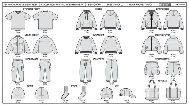 Technical fashion design sheet featuring a streetwear clothing collection with t-shirt, hoodie, utility jacket, and cargo pants templates on a white background