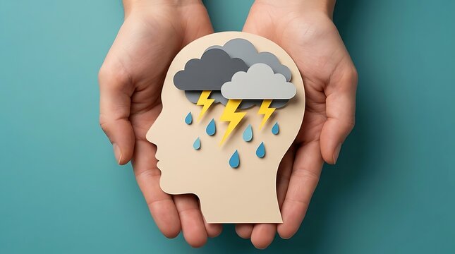 Hands cradle paper cutout of human head with storm clouds, lightning, and rain inside, symbolizing mental health struggles and emotional distress.