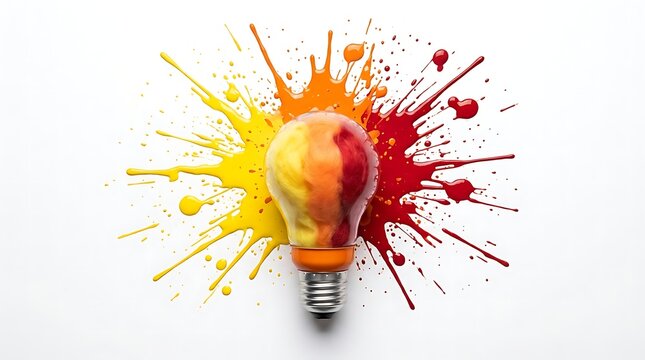 Bright lightbulb exploding with vibrant orange and red paint splashes, symbolizing creative ideas and inspiration for projects.
